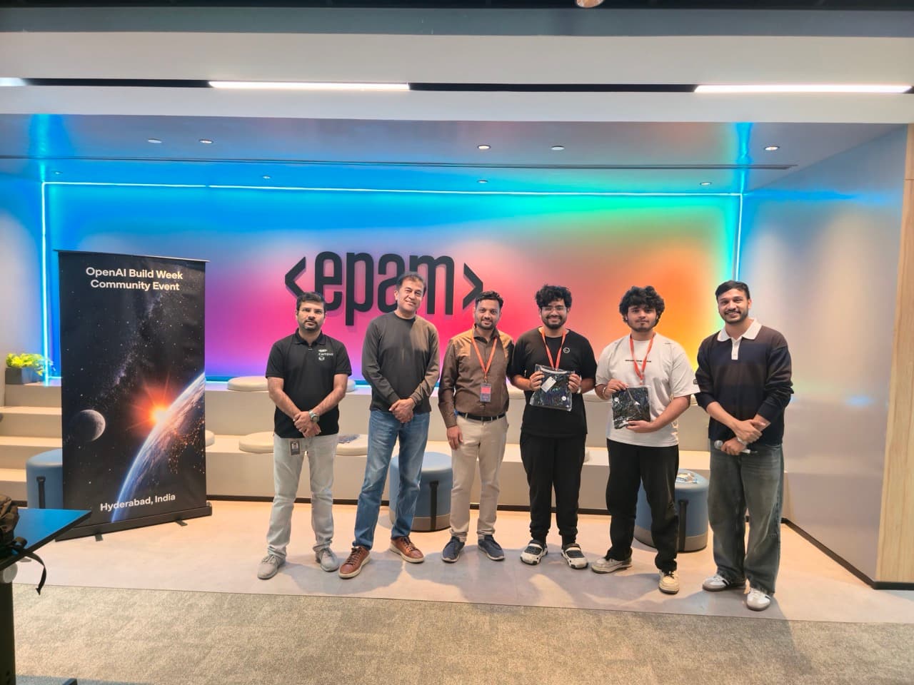 Winning team on stage at the OpenAI Build Week Codex Community Hackathon in Hyderabad.