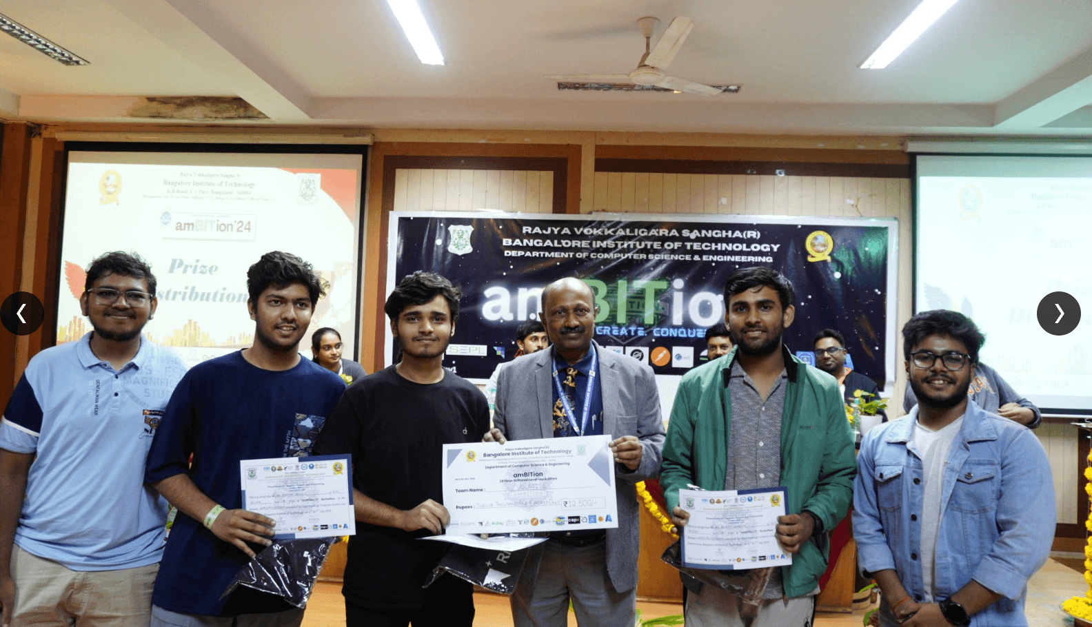 Finalists receiving certificates at the amBITion '24 national hackathon at BIT Bangalore.